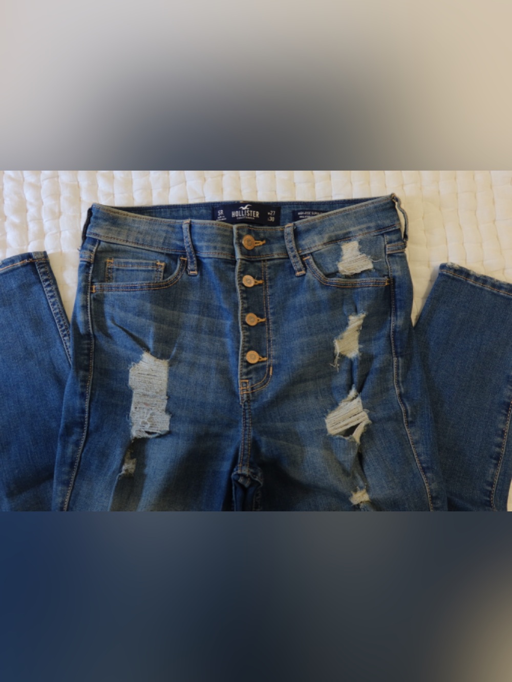 Hollister Women’s Distressed Medium Blue Skinny Jeans with Button Fly